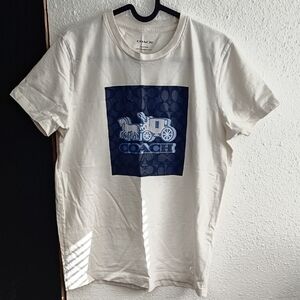 Coach Men's Short Sleeve Cream Tee with Blue Graphic